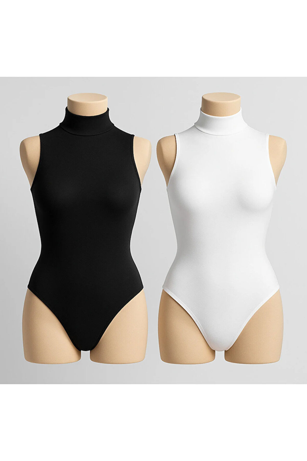 Kadın Pamuklu Kolsuz Boğazlı Beyaz-Siyah 2'li Çıtçıtlı Body