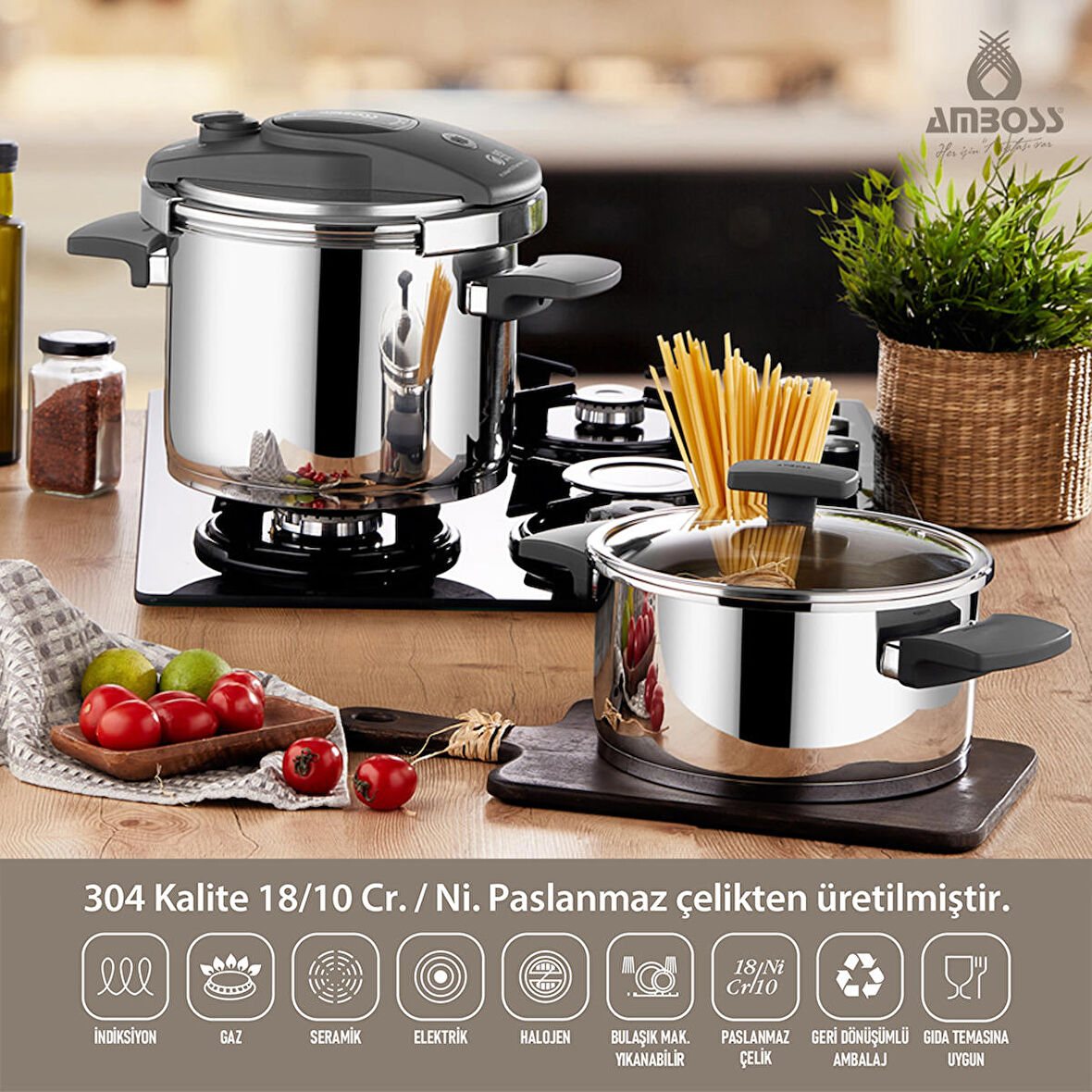 Amboss Enio Çelik Klipso 4+6 lt 2'li Düdüklü Tencere Seti