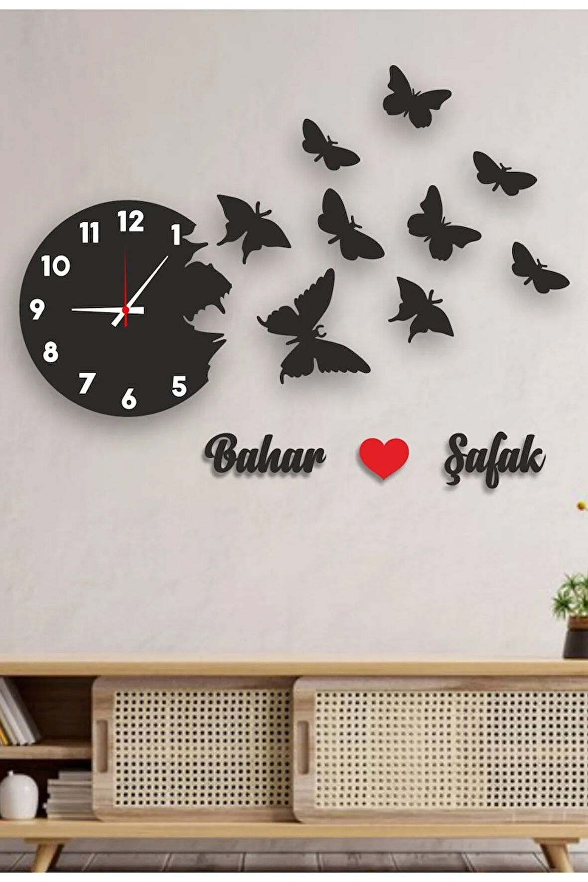 Isme Özel Uçan Kelebek Dekoratif Ahşap Duvar Saati