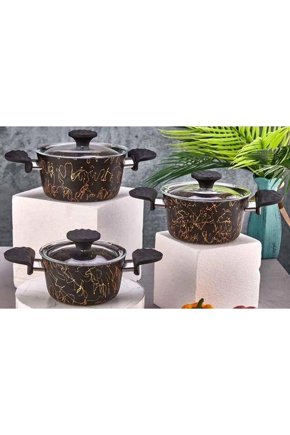 Granit 6 Parça Tencere Set - Siyah (14 - 16 - 18 Cm )