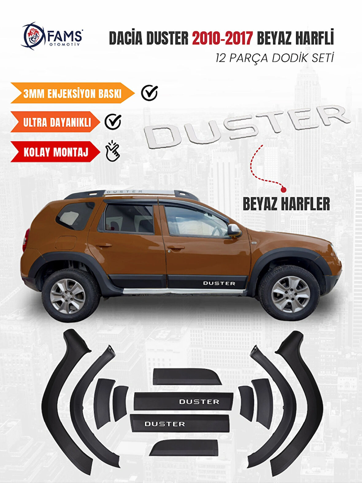 Dacia Duster 2010-2017 Uyumlu Dodik Seti 12 Parça (Beyaz Harfli)