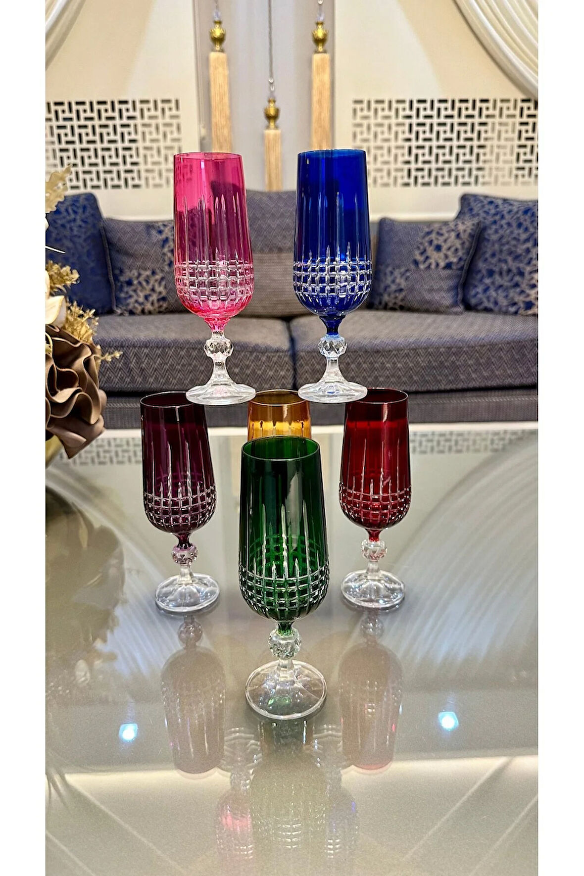 BOHEMİA Kristal Sterna Renkli Ayaklı Kesme El İşi Kahve Yanı Su Bardağı