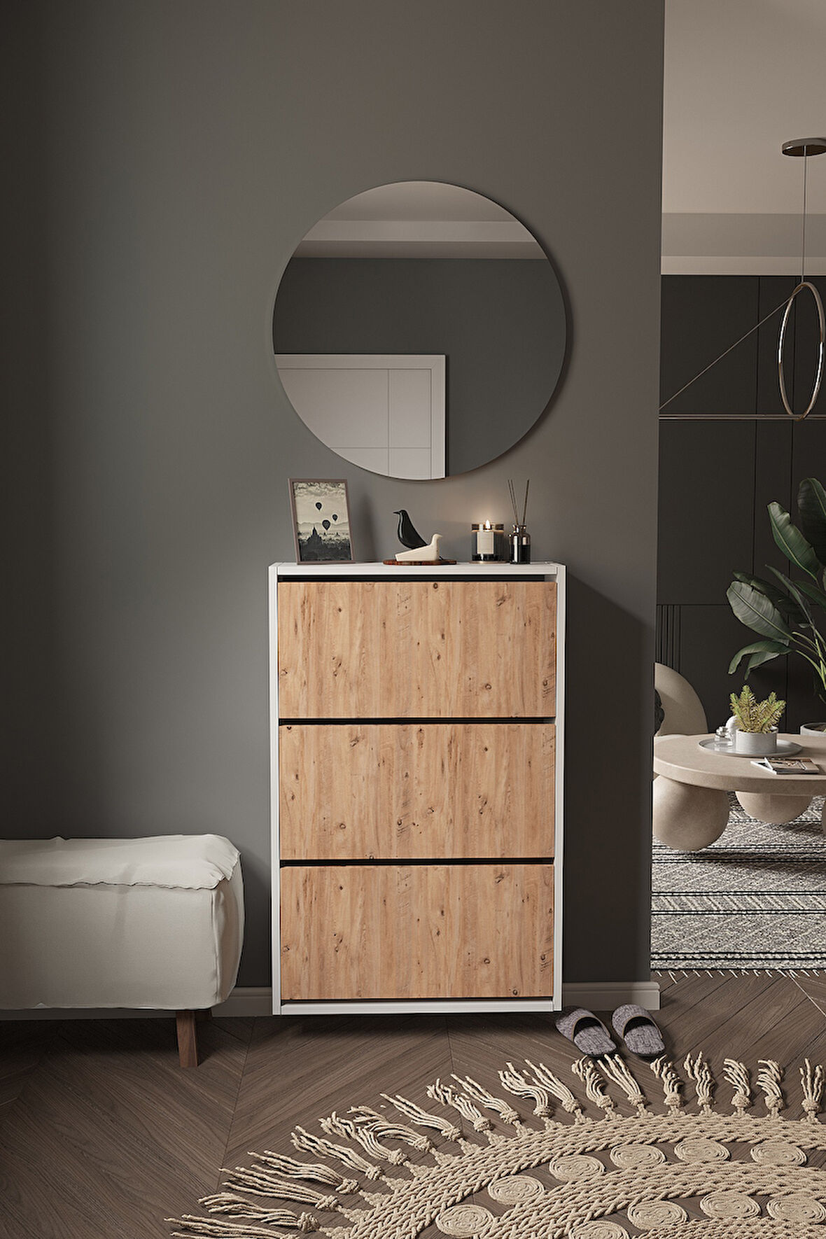 DF08101KAC Ayakkabılık Raflı Ayakkabılık 3 Bölmeli Kapaklı Ayakkabılık