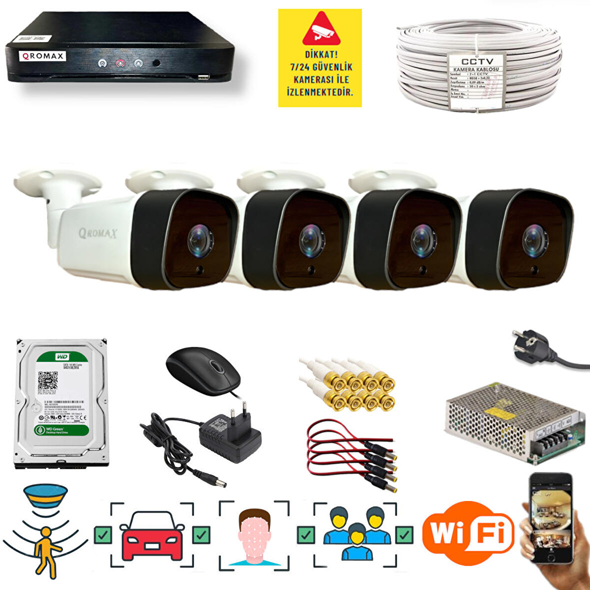 4 Kameralı Set - Araç İnsan Yüz Hareket Algılayan 36 IR Led 5MP Sony Lensli 1080P Metal Kasa Güvenlik Kamerası Seti 5236-1