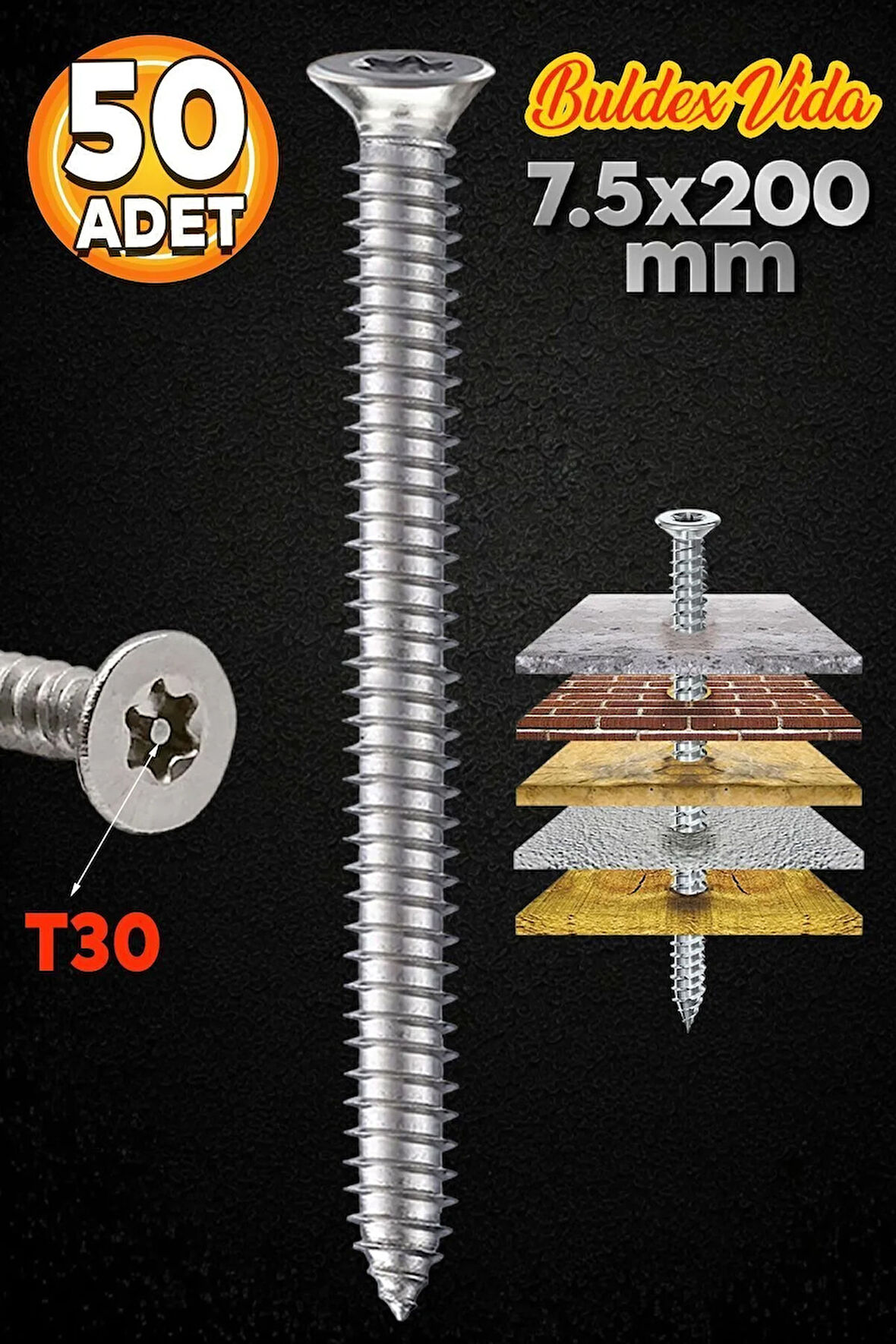 Buldex Vida 7.5x200 mm 50 ADET Sivri Uçlu Dübelsiz Beton Vidası Tork Duvar Vidası Buldeks