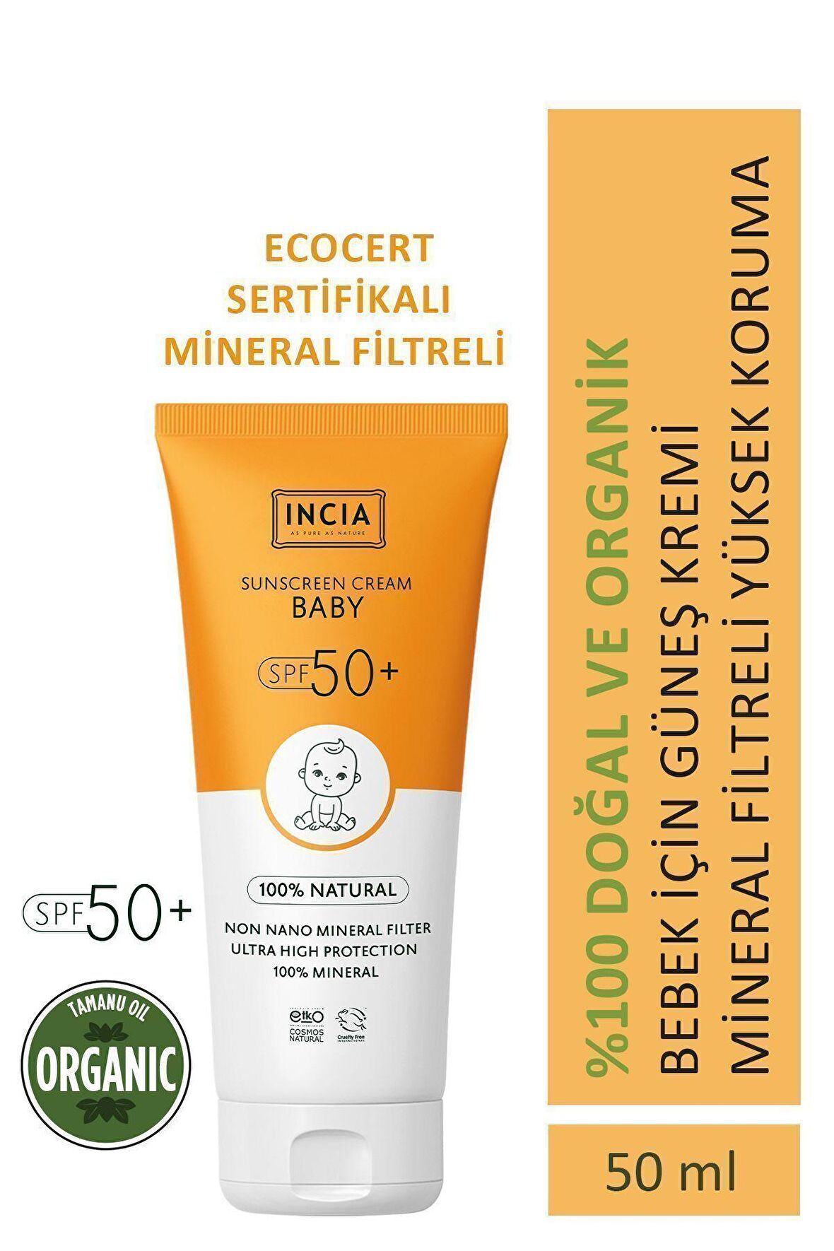 INCIA %100 Doğal Bebek Güneş Kremi Leke Karşıtı Mineral Filtreli Yüksek Koruma SPF 50+ UVA UVB 50 ml