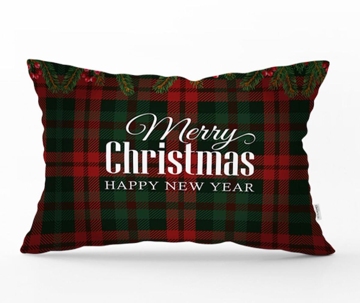 Ekose Zeminde Merry Christmas Yastık & Kırlent & Kırlent Kılıfı 35x55 cm