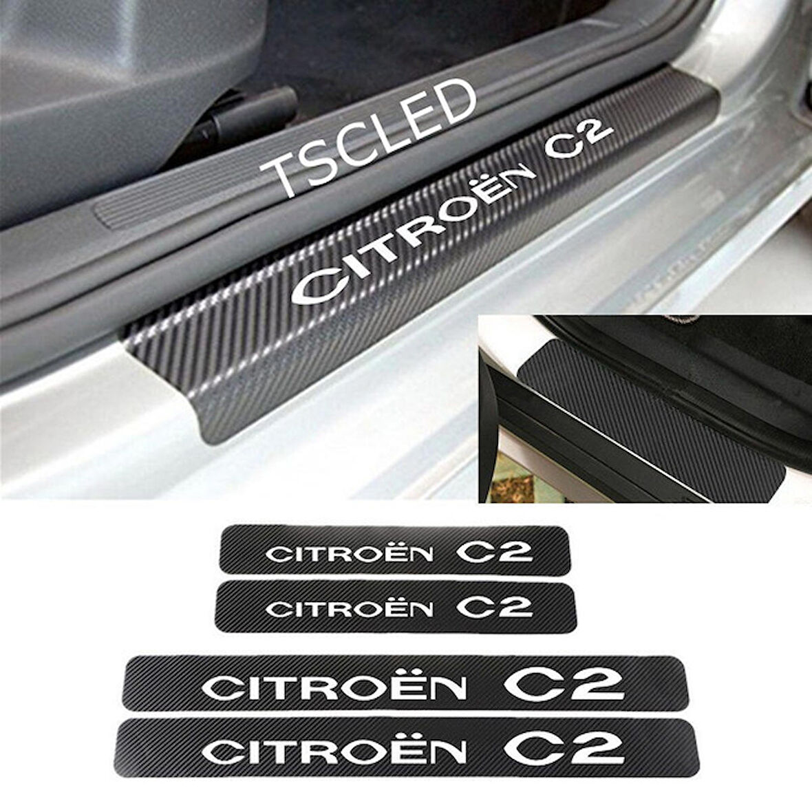 C2 Karbon Kapı Eşiği Kaplama Sticker Yapıştırma (4 Adet) zz18