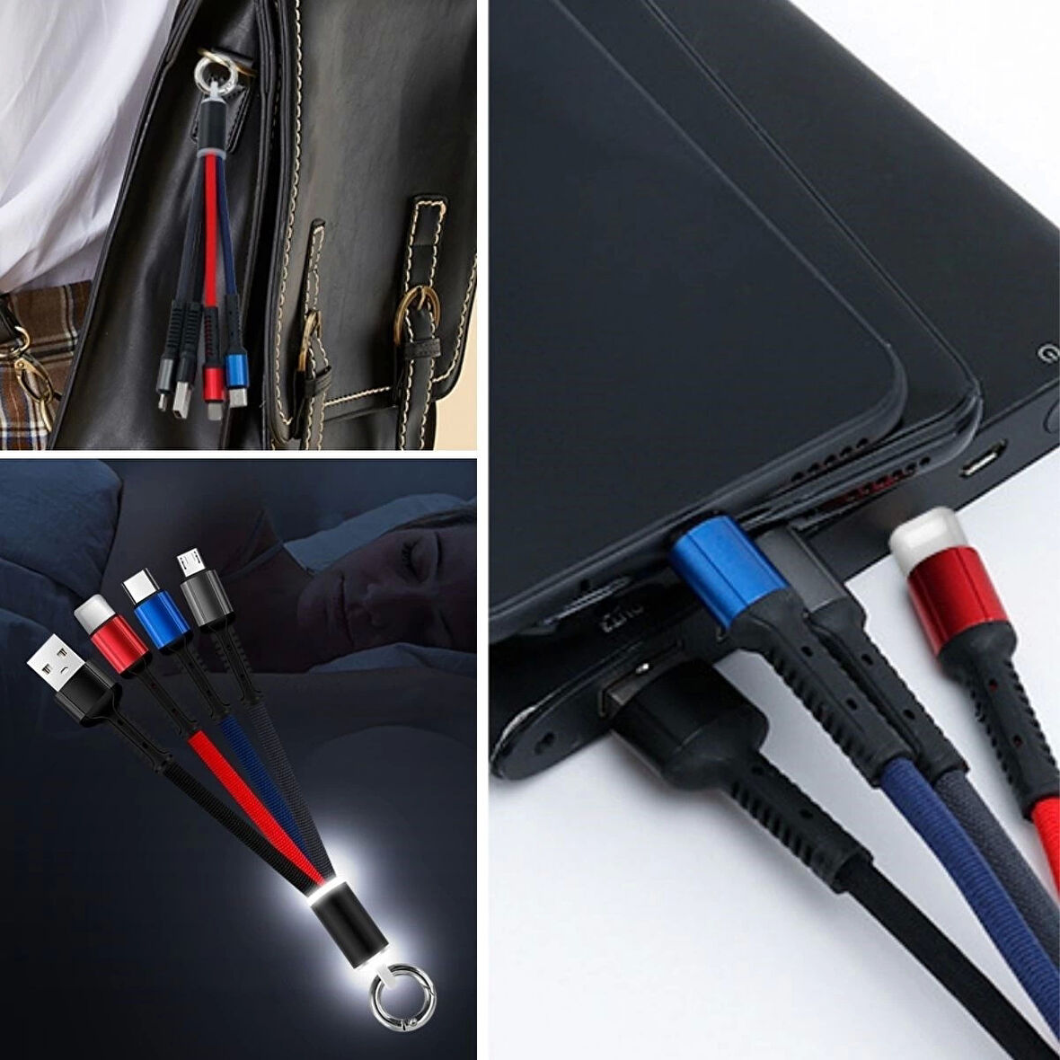 heyf HEYF® Işıklı Anahtarlık Model 3 in 1 USB Çıkışlı MİKRO,TYPE-C ve İphone Uyumlu Şarj Kablosu