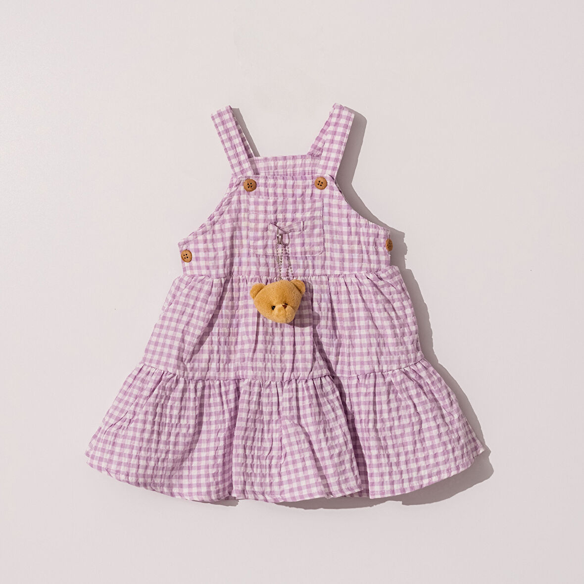 Kız Bebek Çocuk Kareli Ayıcık aksesuarlı Elbise