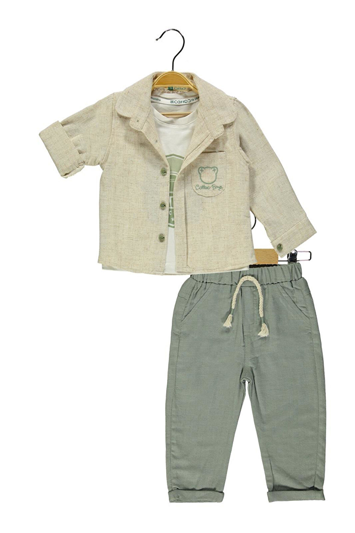 3' lü  Erkek Çocuk Açık Kahve Keten Gömlek ve Yeşil Pantalonlu Takım