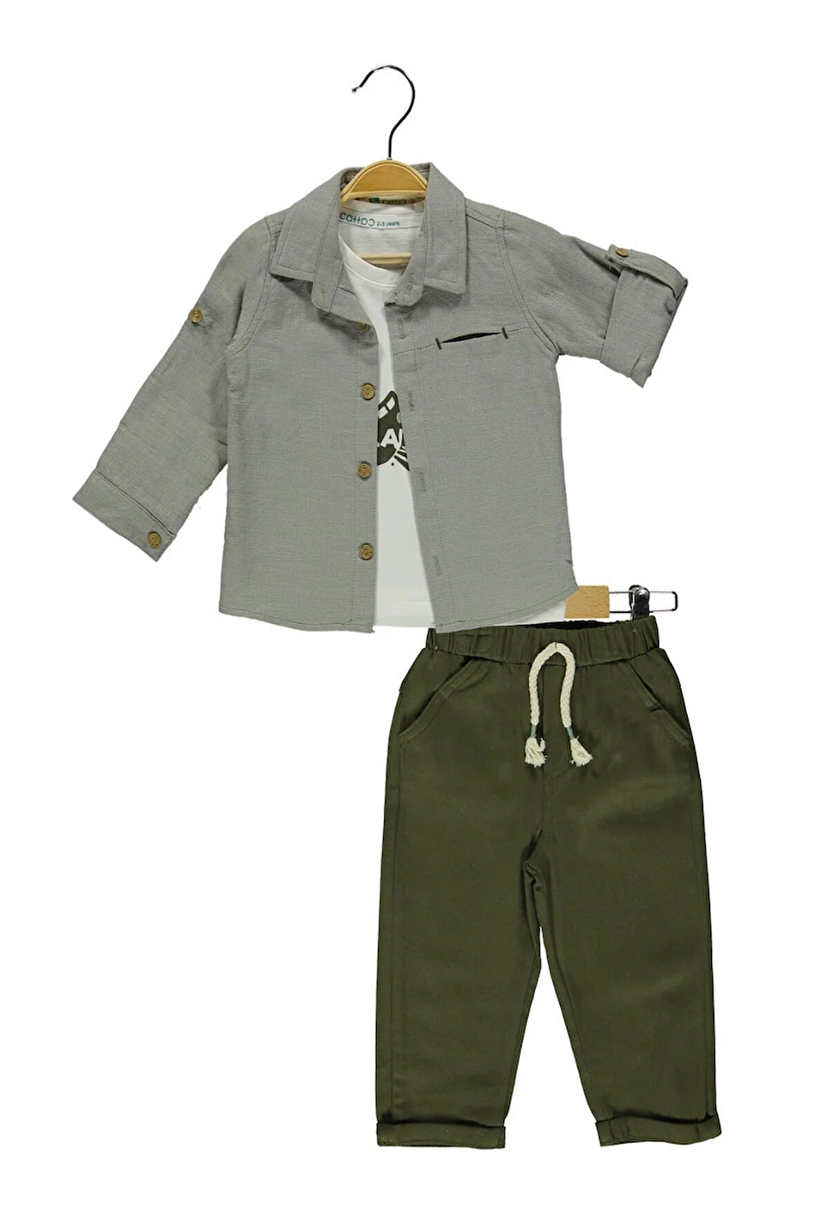 3' lü  Erkek Çocuk Yeşil Keten Gömlekli Takım