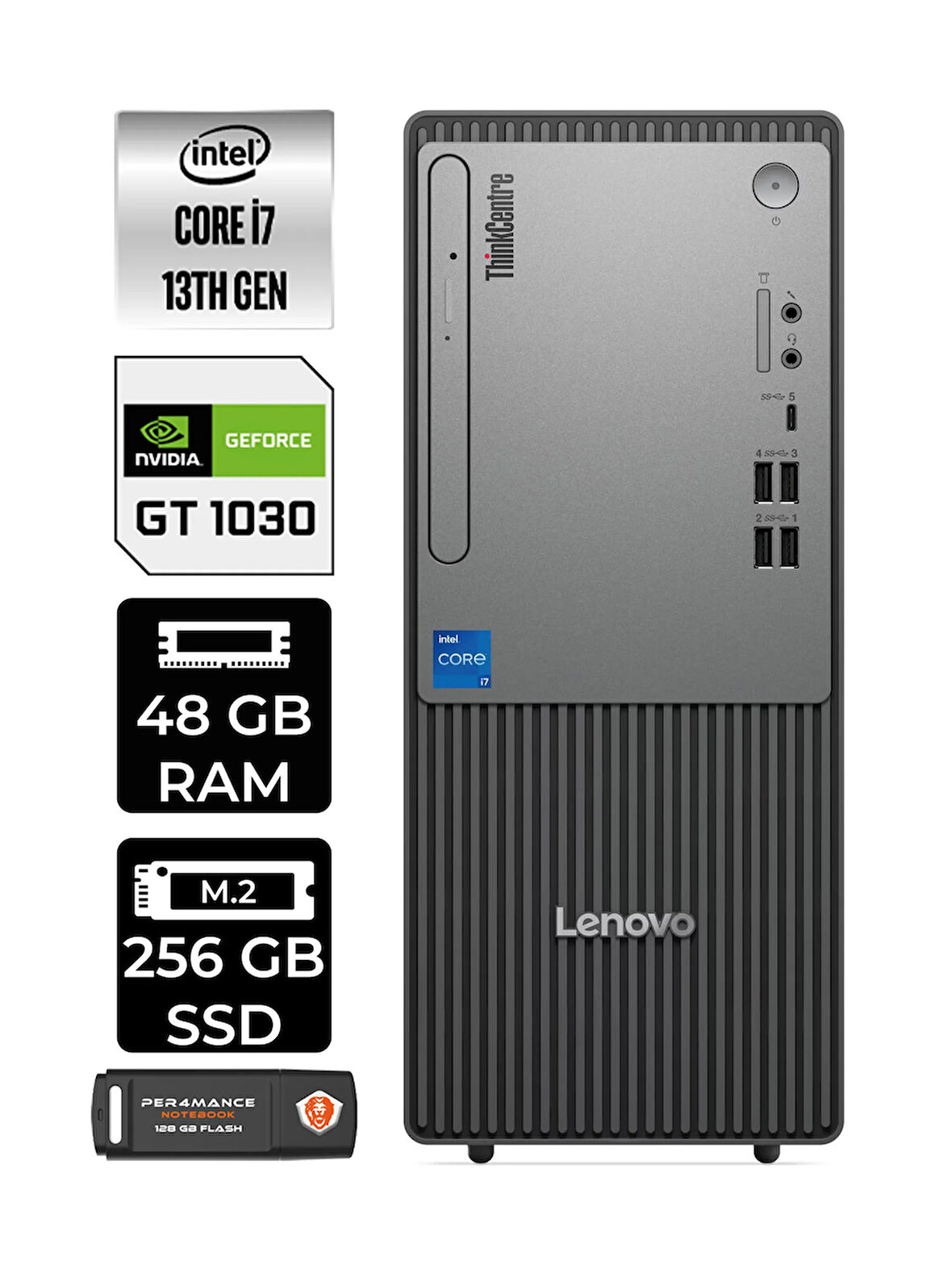 Lenovo ThinkCentre Neo 50T G5 i7 13700 48GB 256GB SSD GT1030/4GB FDOS Masaüstü Bilgisayar &PER4 USB