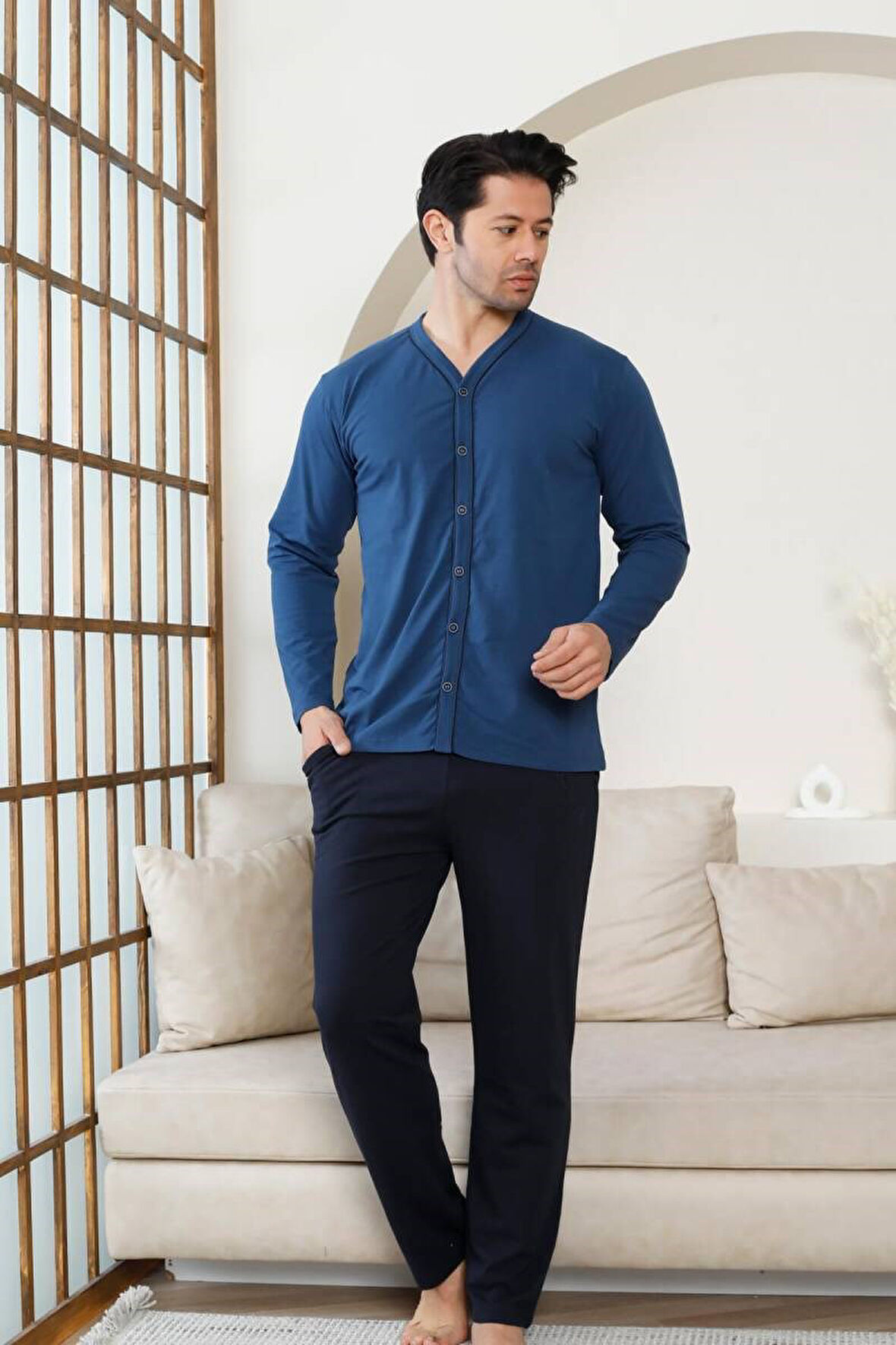Erkek V Yaka Önden Düğmeli Pamuk Likra Mevsimlik Uzun Kol Cepli Pijama Takımı