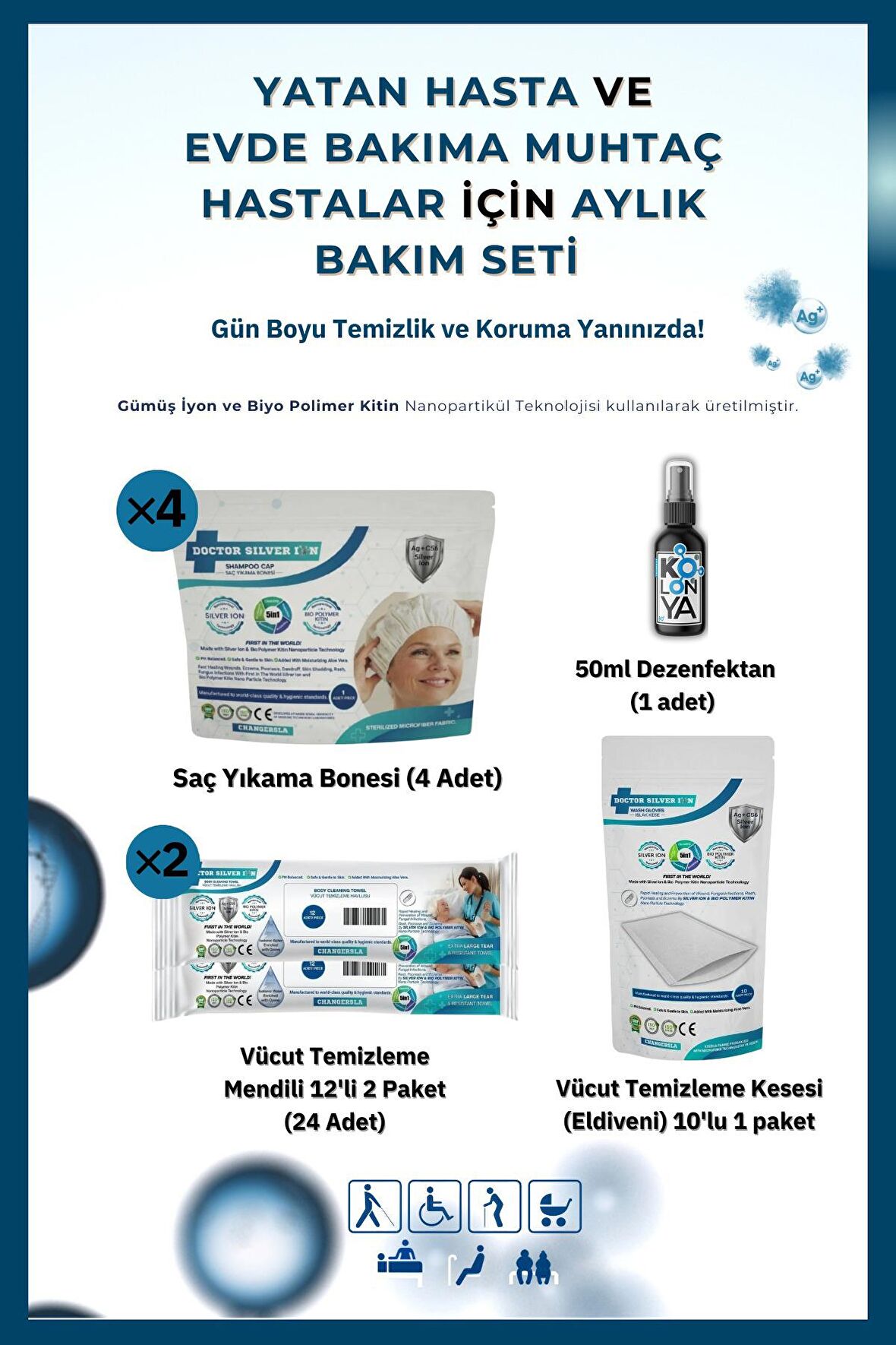 1 Aylık Hasta Bakım Seti Gümüş İyonlu – (Vücut Kesesi, 2x Mendil, 4x Saç Bonesi, 50 ml Dezenfektan)