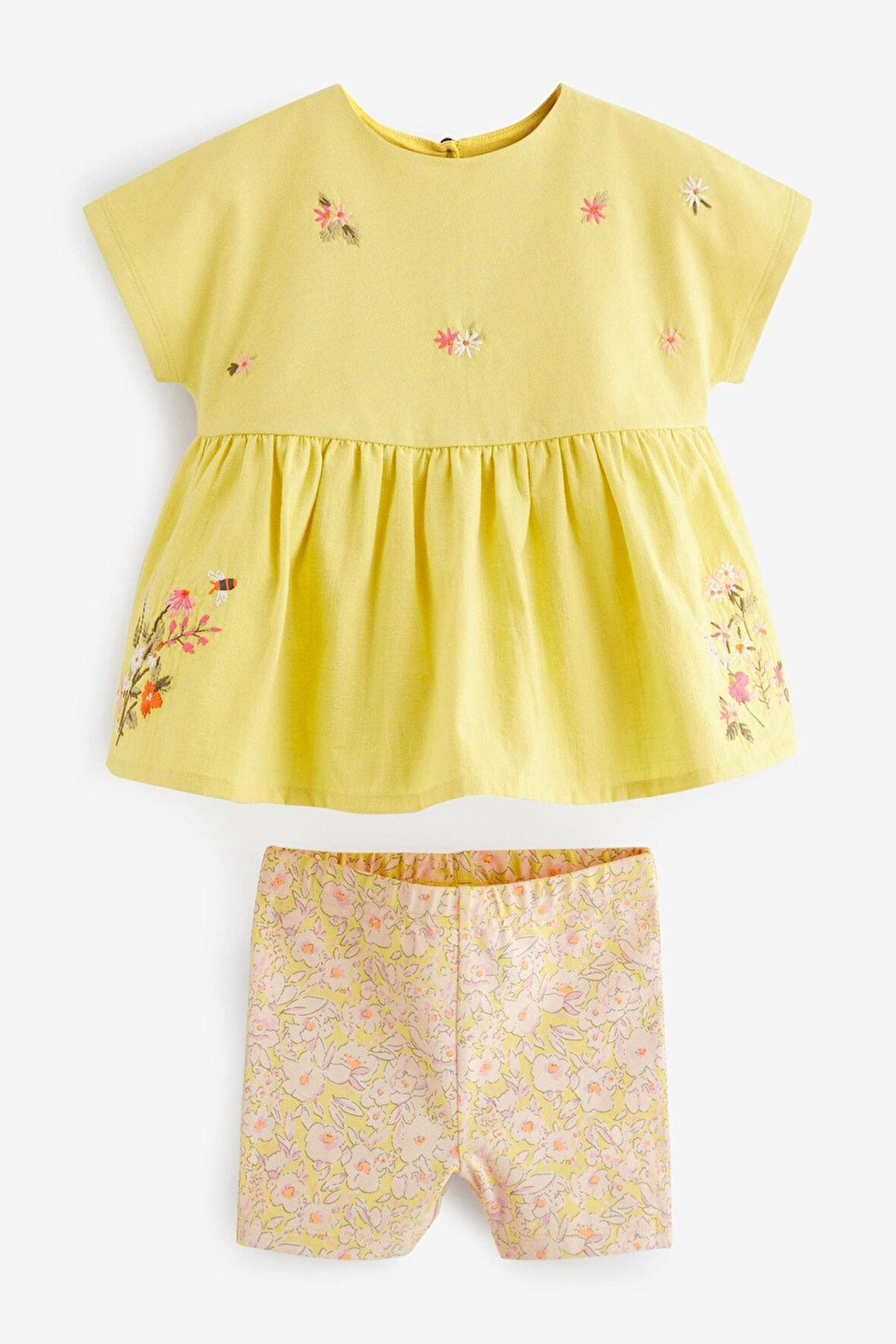 Next Baby Pamuklu Sarı Çiçek Desenli Kısa Kollu Taytlı Alt Üst Takım