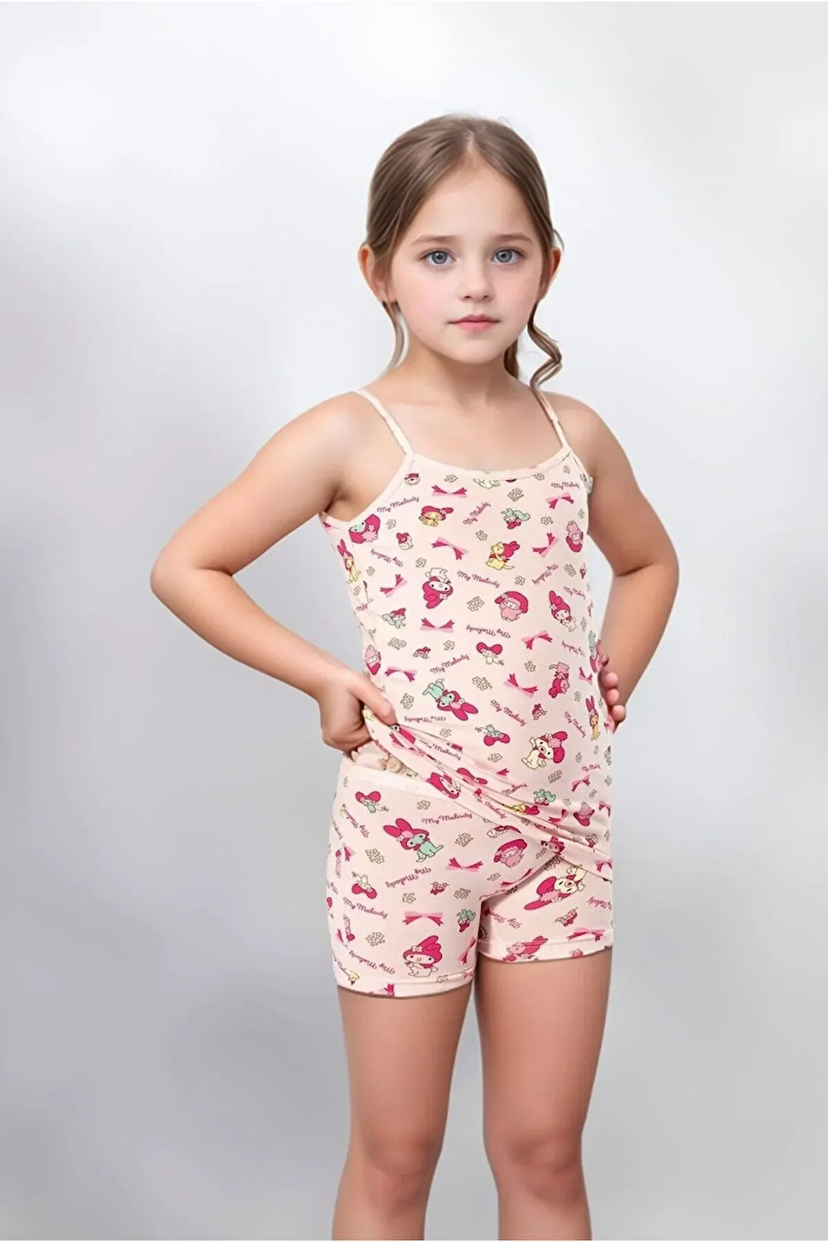 Kız Çocuk Baskılı Pamuk & Likralı İp Askılı & Şort İkili Takım LL.K34.O07.001