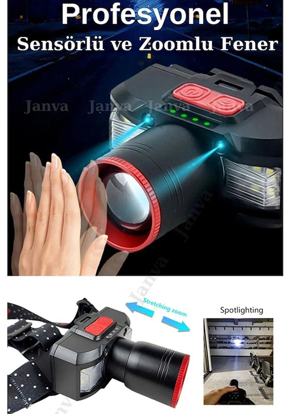 Tam Profesyonel Kafa Feneri Zoom Hareket Sensörü Usb Şarjlı Çok Renkli