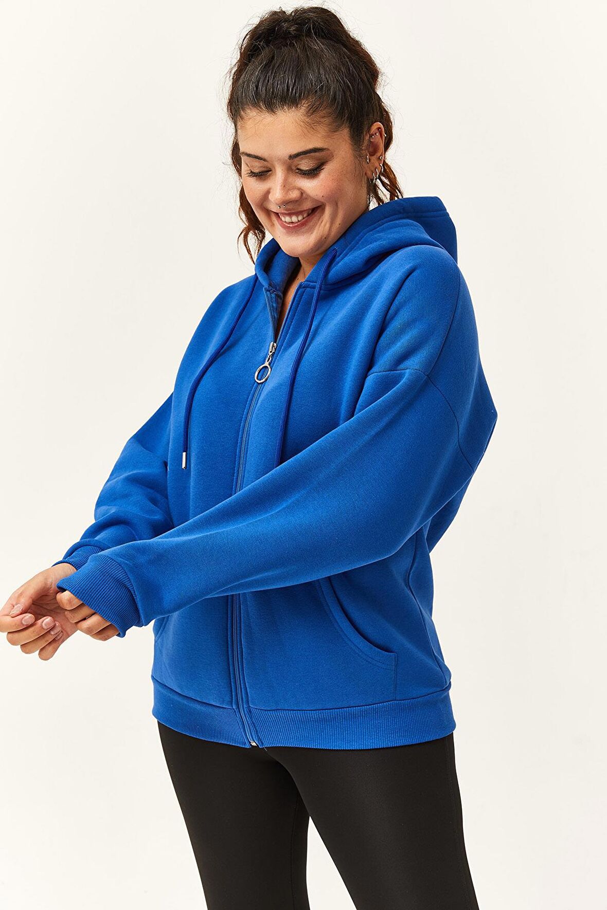 Kadın Büyük Beden Şardonlu Fermuarlı Kalın Mavi Sweatshirt