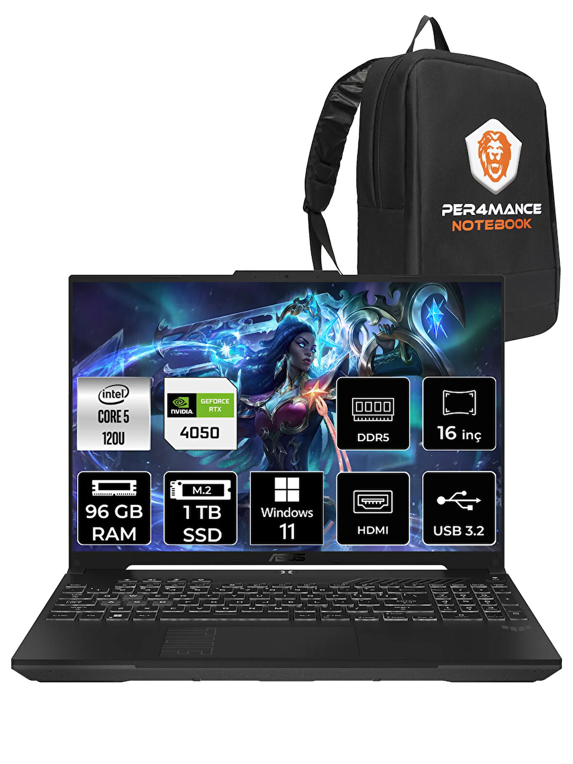 ASUS TUF Gaming F16 Core 5 210H 96GB 1TB SSD RTX4050/6GB 140W WUXGA 16" W11P LP029 & PER4 ÇANTA