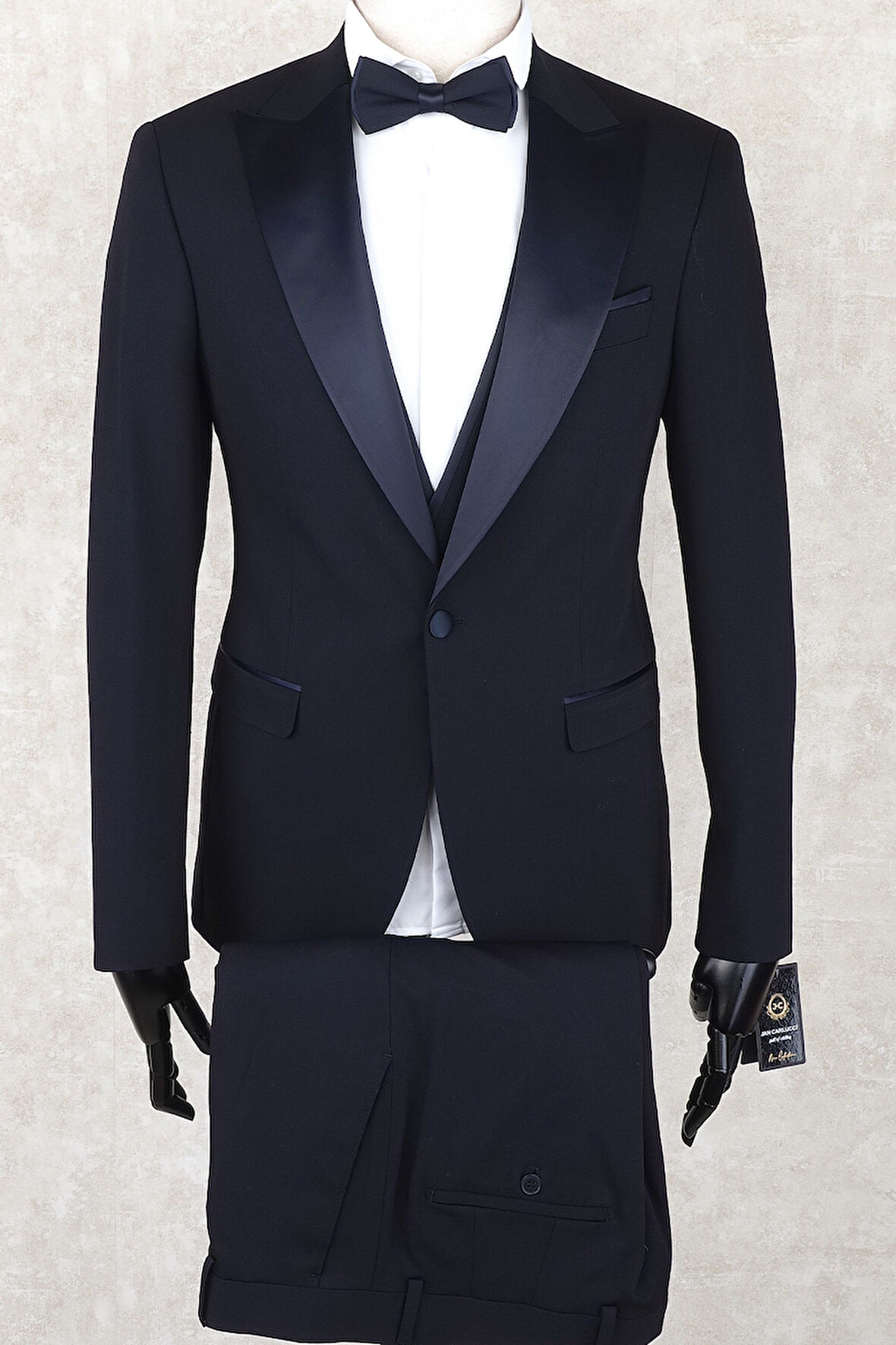 Jan Carlucci Slim Fit Saten Sivri Yaka-Çift Yırtmaç  Lacivert Drop 6 Damatlık Smokin - Full Set Yelek, Gömlek, Papyon 