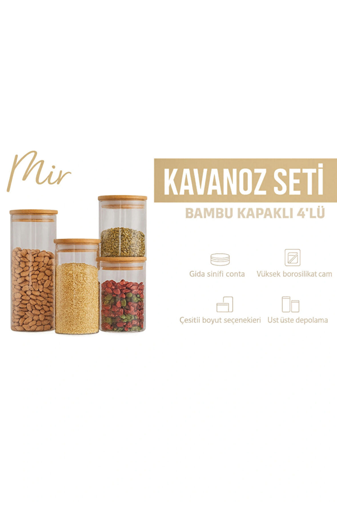 MİR Bambu Kapaklı  Borosilikat 4lü Saklama Kabı Baharat Bakliyat Sakalama Kabı