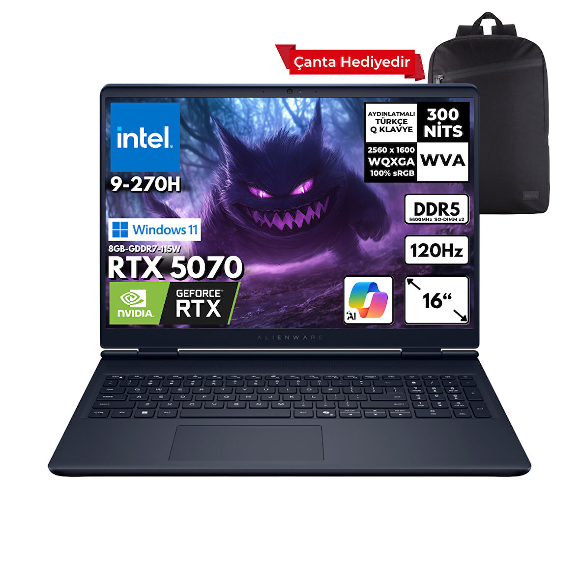 Dell Alienware 16 Aurora intel 9-270H 48-GBDDR5 4 TBSSD RTX5070 (8GB-115W-GDDR7) 16" 2K WQXGA 120Hz Windows 11 Home + HMF Sırt Çantası AC16250-C932157WHMF11