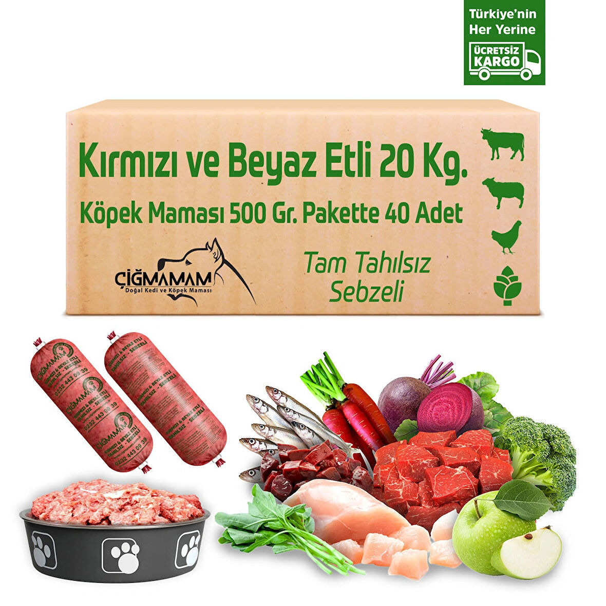 Kırmızı ve Beyaz Etli Tahılsız 20 Kg 500 Gr 40 Adet Çiğmamam Barf Köpek Maması