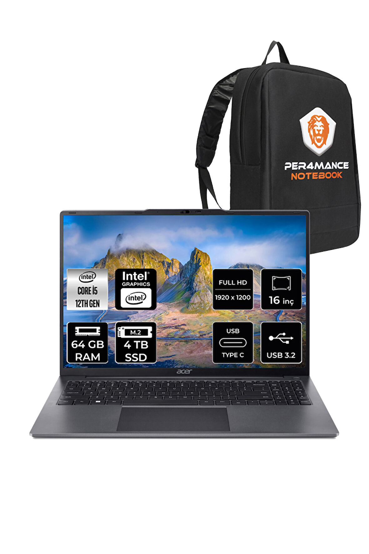 ACER Aspire Lite i5 1235U 64GB DDR5 4TB SSD 16'' WUXGA FDOS Taşınabilir Bilgisayar & PER4 ÇANTA