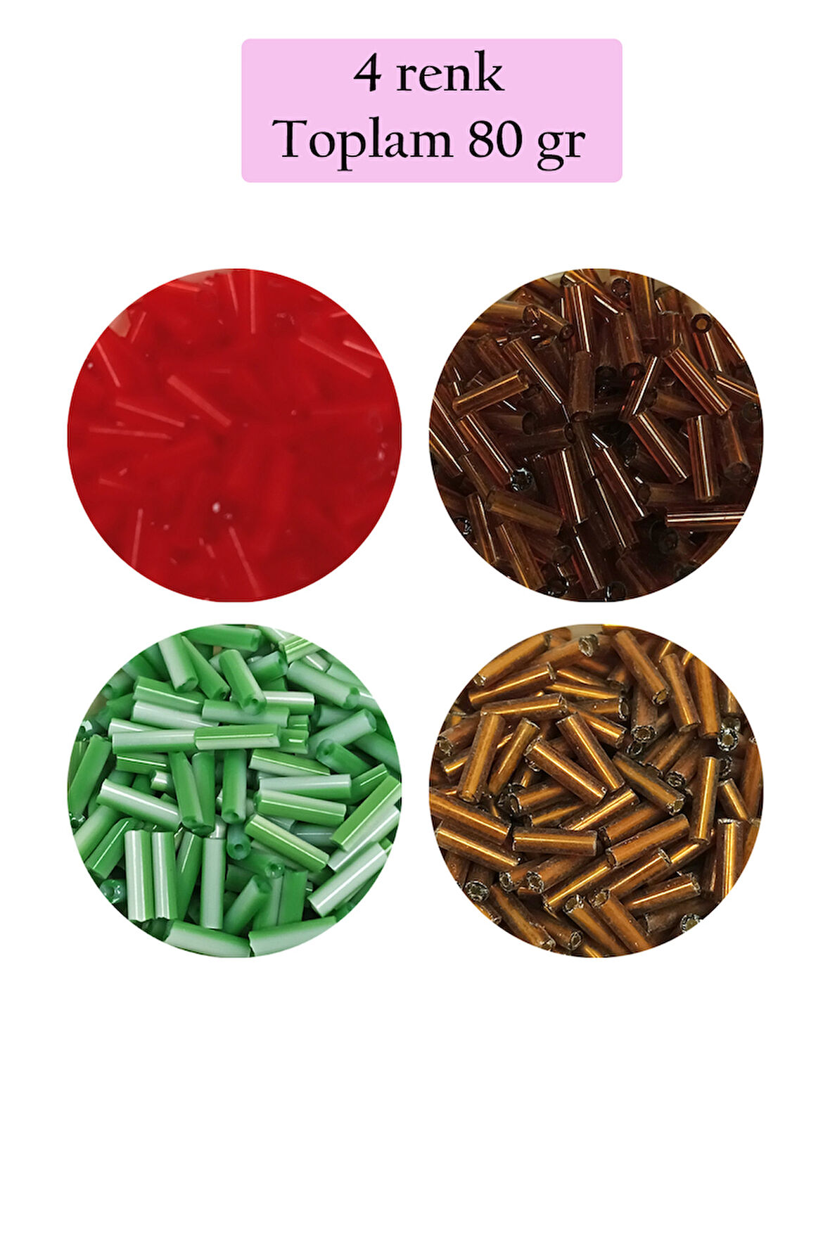 Uzun Boru Kesme Boncuk Çap 2mm Uzunluk 10 mm - 4 Renk - Toplam 80 Gram - BNC431