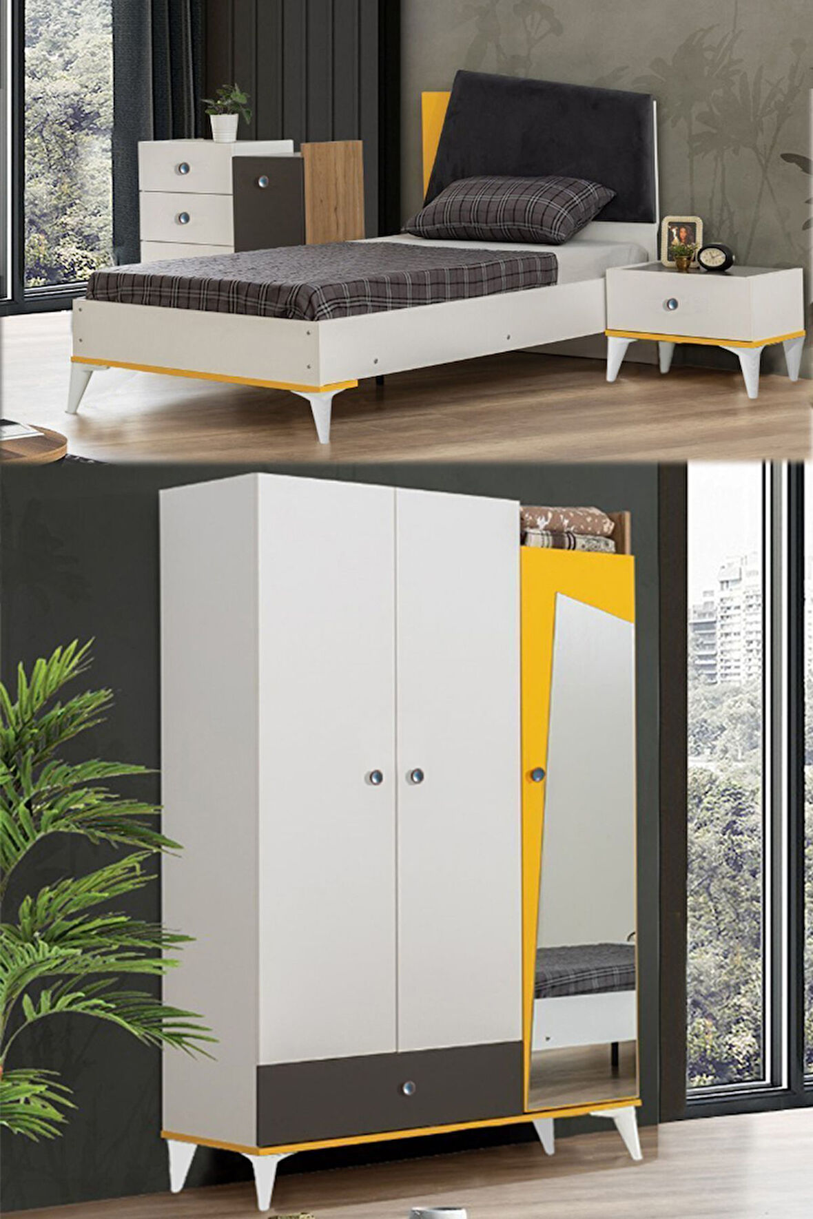 Giallo Genç Odası - 3 Kapılı Dolap, Karyola, Komodin, Şifonyer