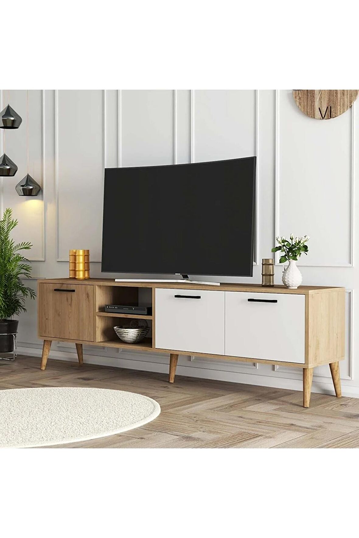 1585 Exxen 180 cm (Ahşap Ayaklı) Tv Ünitesi Sepet Beyaz