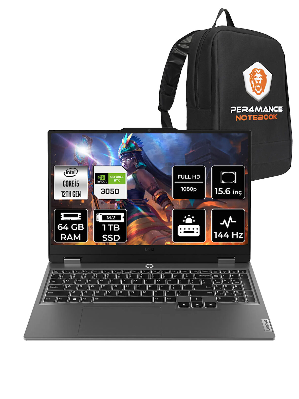 Lenovo LOQ i5 12450HX 64GB 1TB SSD RTX3050/6GB 95W 144Hz FHD 15.6" FDOS Gaming Laptop & PER4 ÇANTA