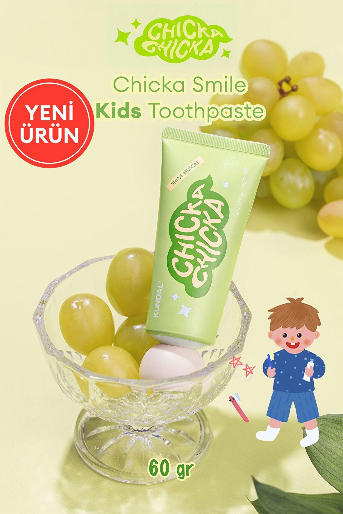Renkli, Çürüklere Karşı Etkili Çocuk Diş Macunu KUNDAL Chicka Smile Kids Toothpaste (Shine Muscat)