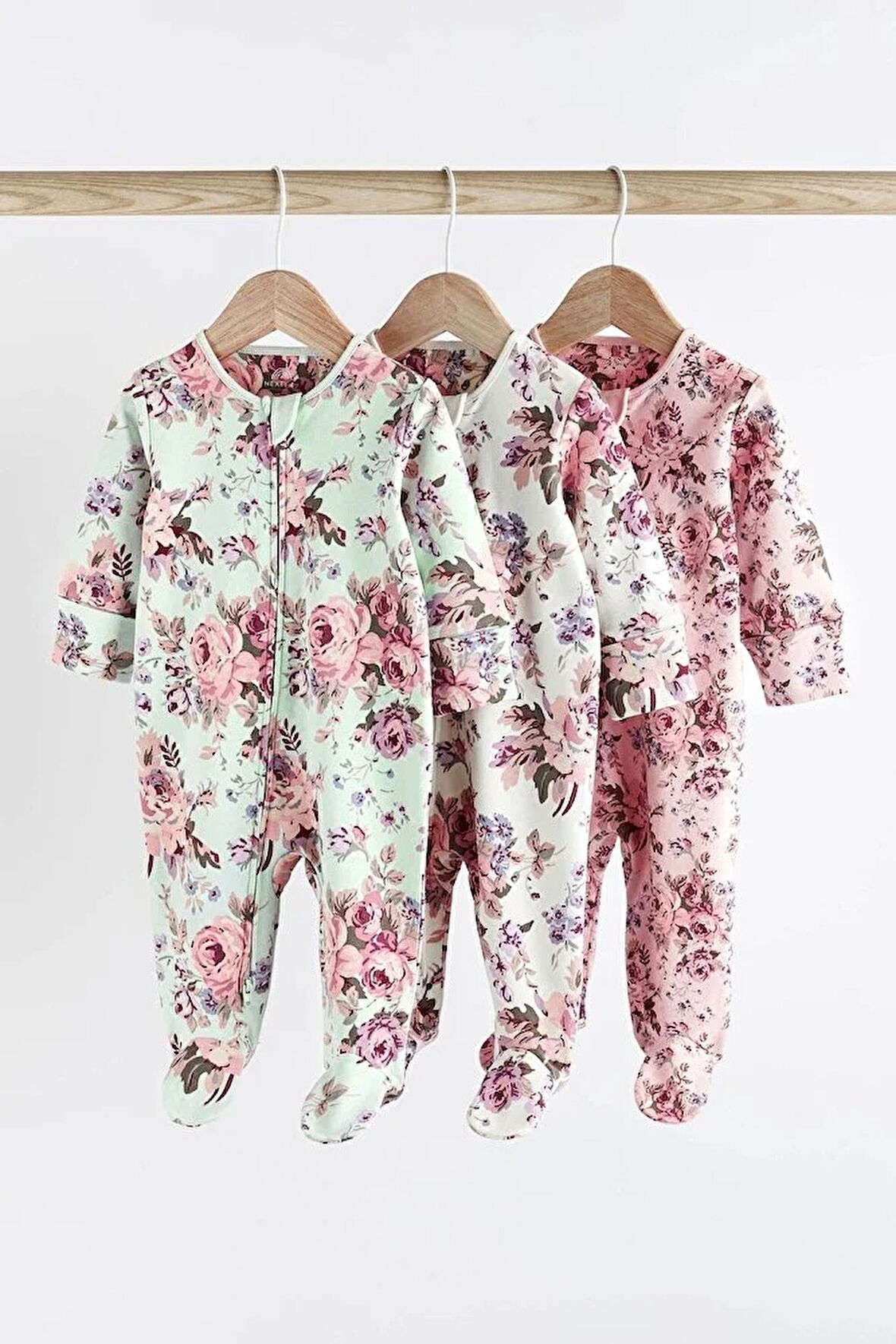 Pamuklu Pembe Çiçek Desenli Fermuarlı 3’lü Tulum Set