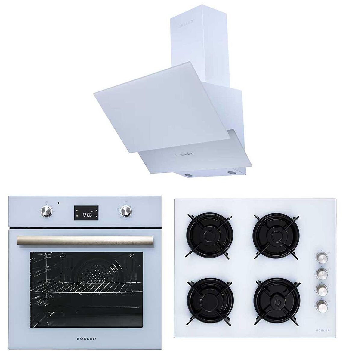 Süsler 3'lü Beyaz Cam Ankastre Set Turbolu 3324 Davlumbaz - 2238 Ocak - 1327 Turbo Fırın