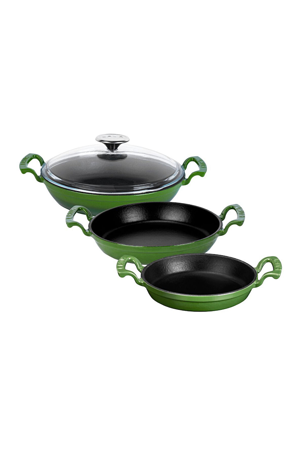 Cam Kapaklı 3'li Yeşil Sahan Seti (16 Cm - 20 Cm-24cm)