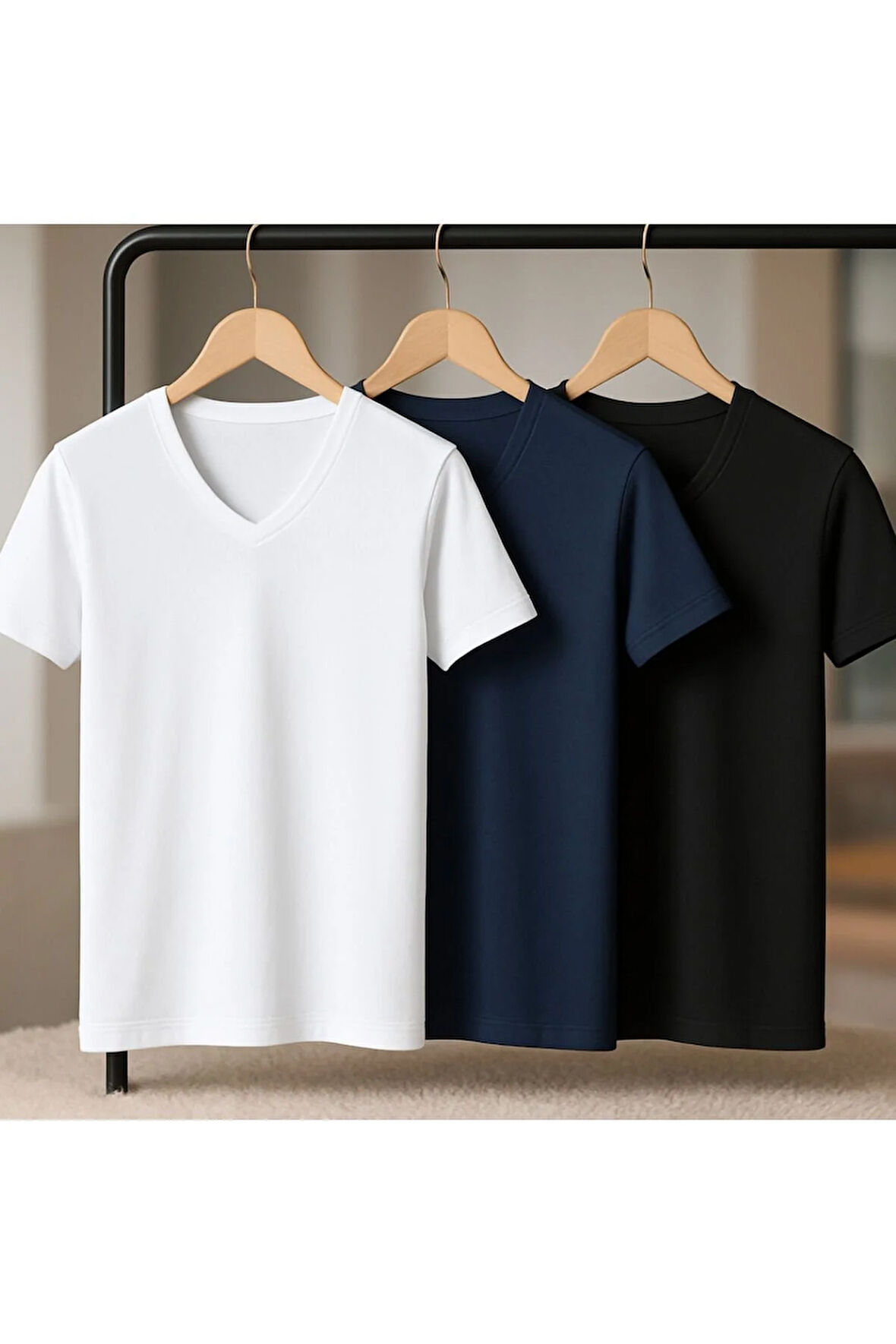 Erkek Giyim 3 Adet Siyah & Lacivert & Beyaz Bambu V Yaka T-shirt Ll.ıl16.ke11.001