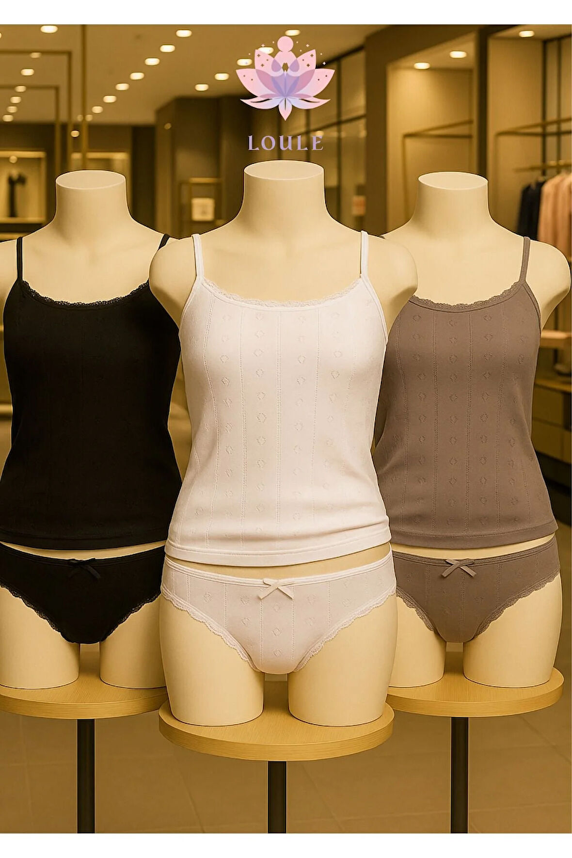 Kadın Giyim 3 Adet %100 Pamuk İp Askılı & Külot Takım LL.IL.2294.011