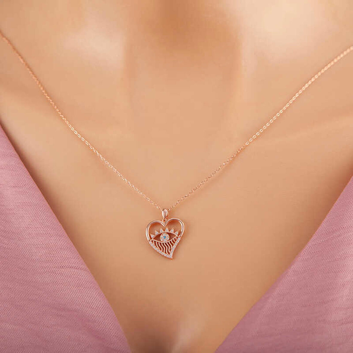 himarry 925 Ayar Gümüş Rose Kalp Göz Kadın Kolye
