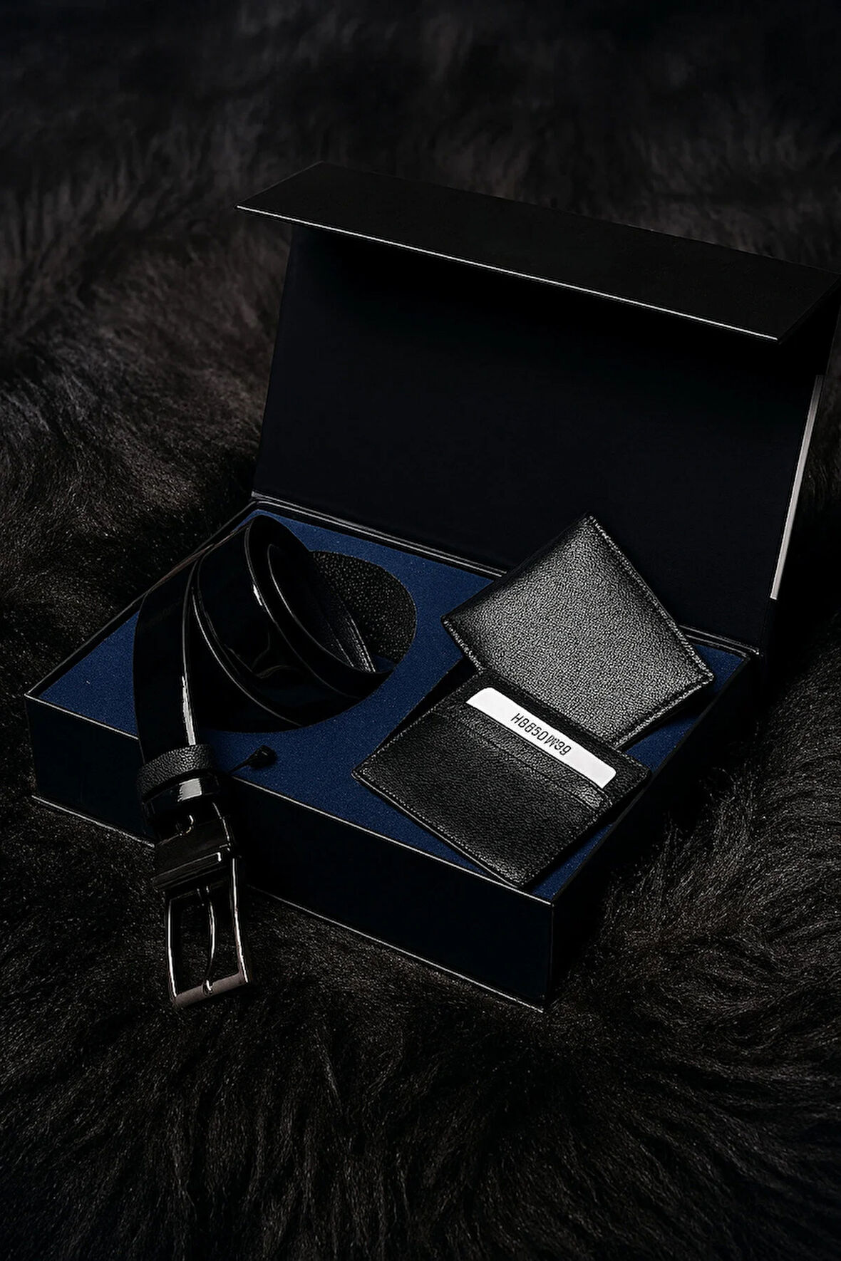 Erkek Siyah Hediyelik - Çeyizlik 3'lü Kemer & Yatay Cüzdan & Kartlık Seti LL.GC525.001