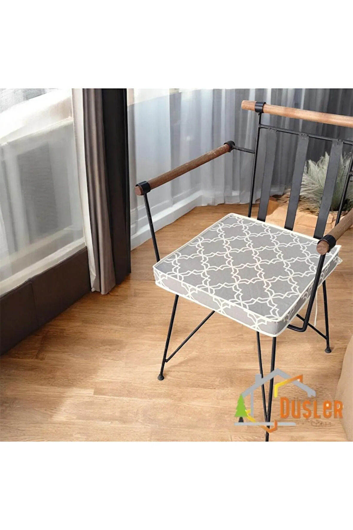 40x40 Gri Desen Su ve Leke İtici Fermuarlı Bağcıklı Beyaz Biyeli Sandalye Minderi 5 cm