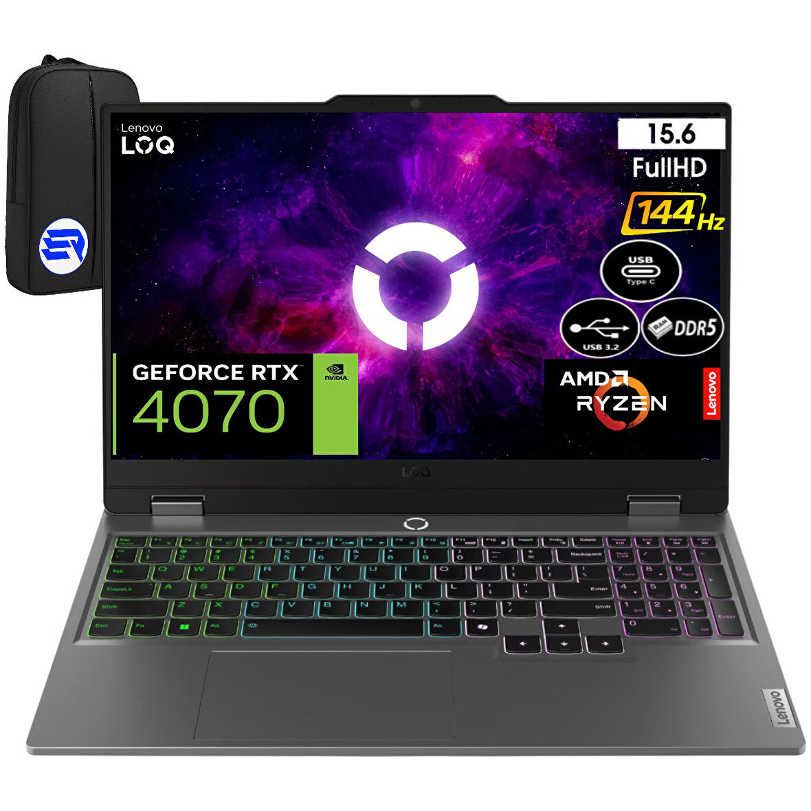 Lenovo Loq Ryzen 7 7435HS 64GB Ram 2tb SSD RTX4070 WIN11 Pro 15.6" 144Hz Fhd 83JC00F6TREP8 + Elektropasaj Çanta