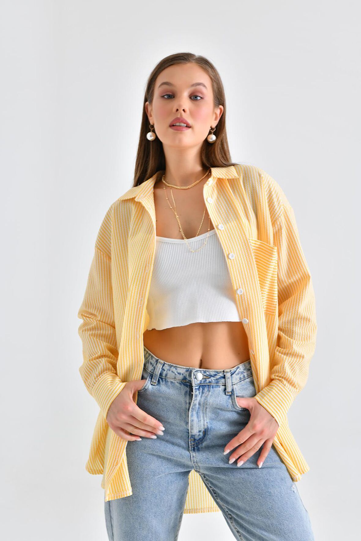 Sarı Bürümcük Detaylı Çizgili Gömlek