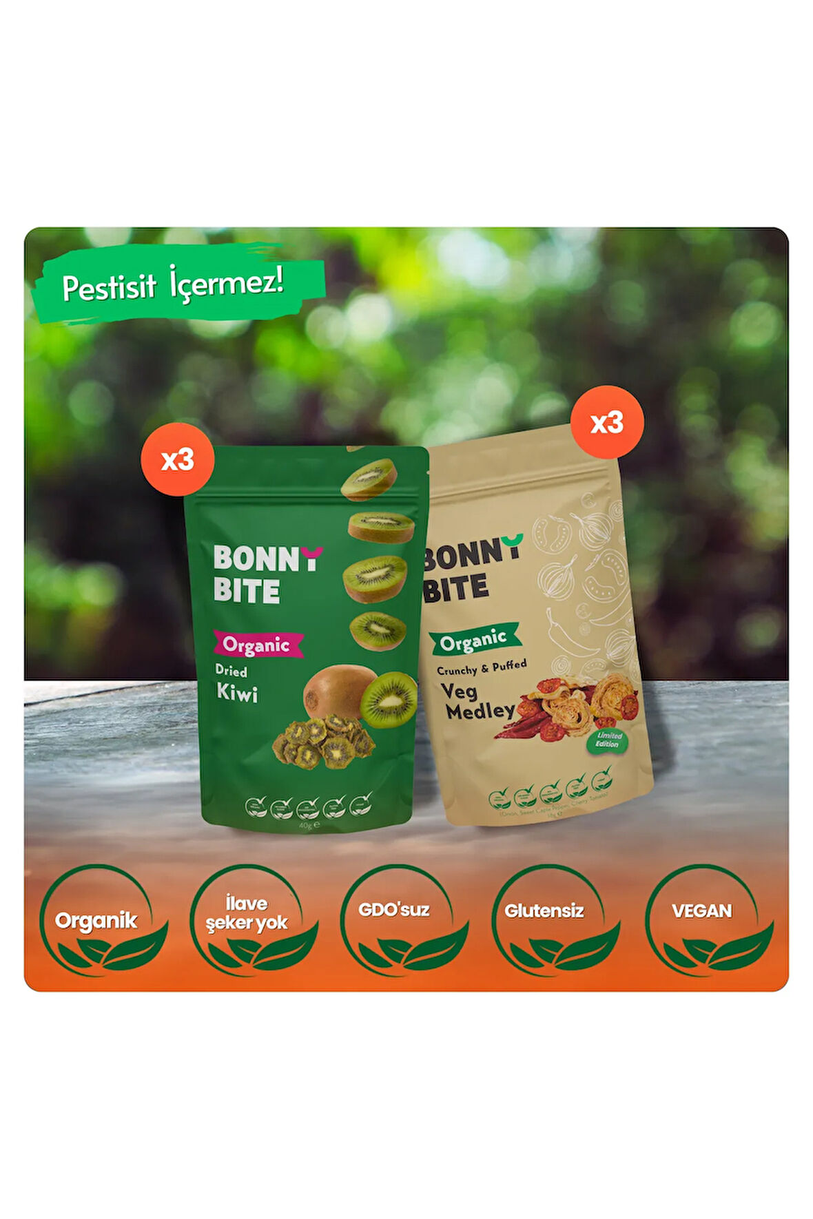 ORGANİK KURUTULMUŞ KİVİ & ÇITIR SEBZE (KAPYA BİBER, CHERRY DOMATES, SOĞAN) 6'LI PAKETİ