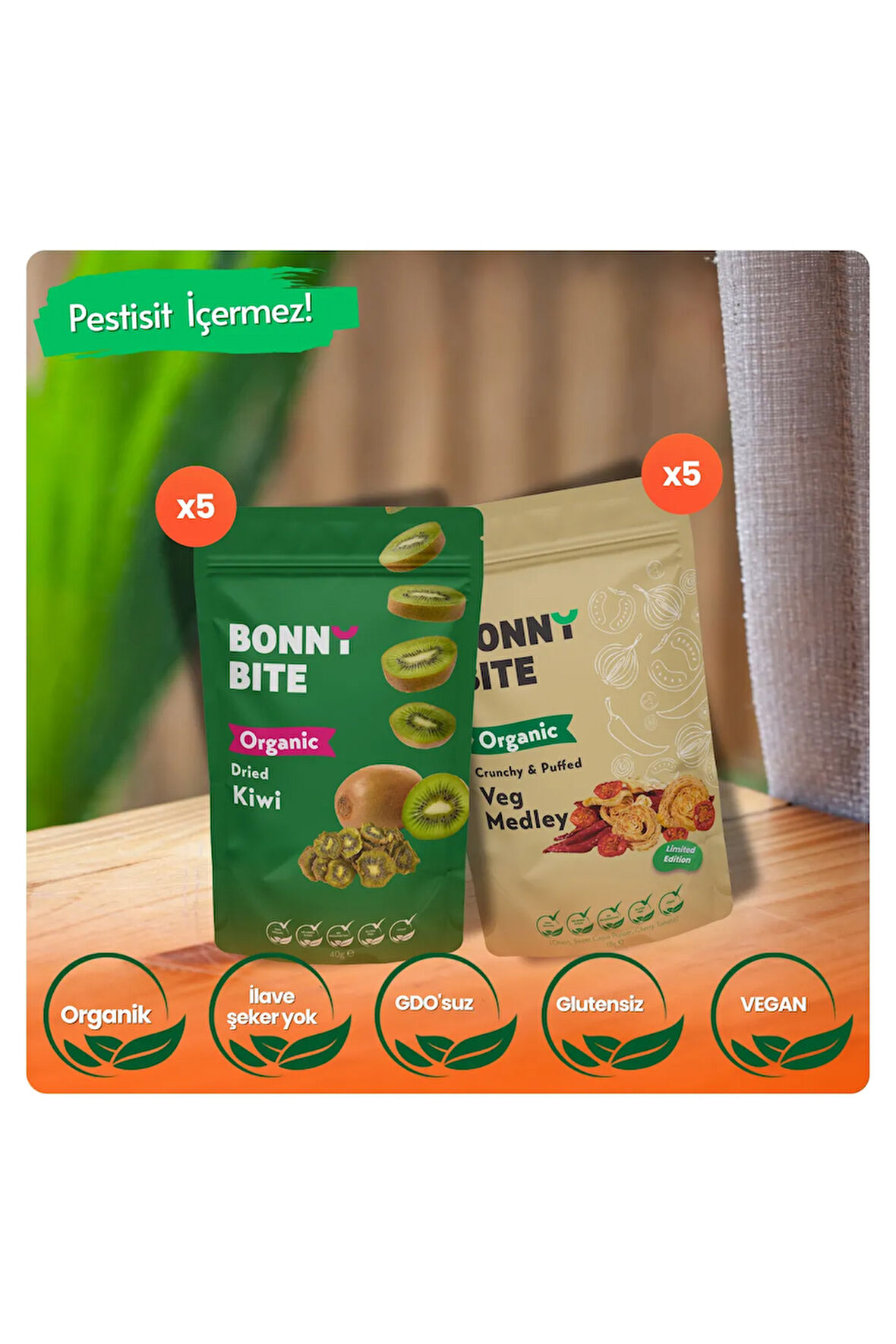 ORGANİK KURUTULMUŞ KİVİ & ÇITIR SEBZE (KAPYA BİBER, CHERRY DOMATES, SOĞAN) 10'LU PAKET