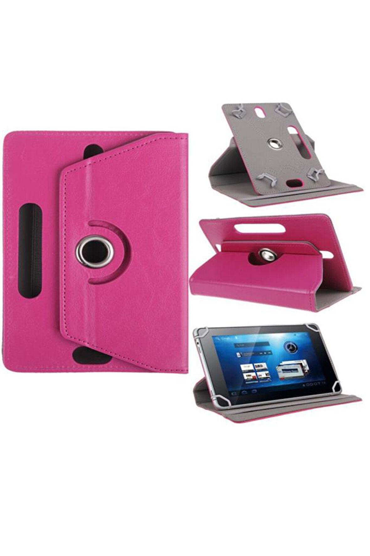Hometech Alfa 10 TM 10" Dönerli Standlı Deri Tablet Kılıfı - Ekran Koruyucu - Pembe