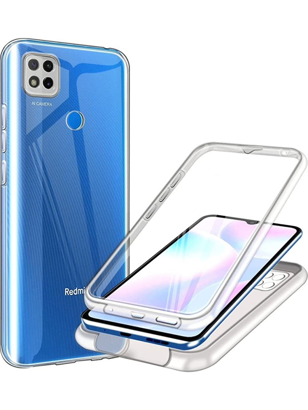 Xiaomi Redmi 10A Uyumlu 360° Ön Arka Tam Koruyucu Şeffaf Silikon Full Body Kılıf