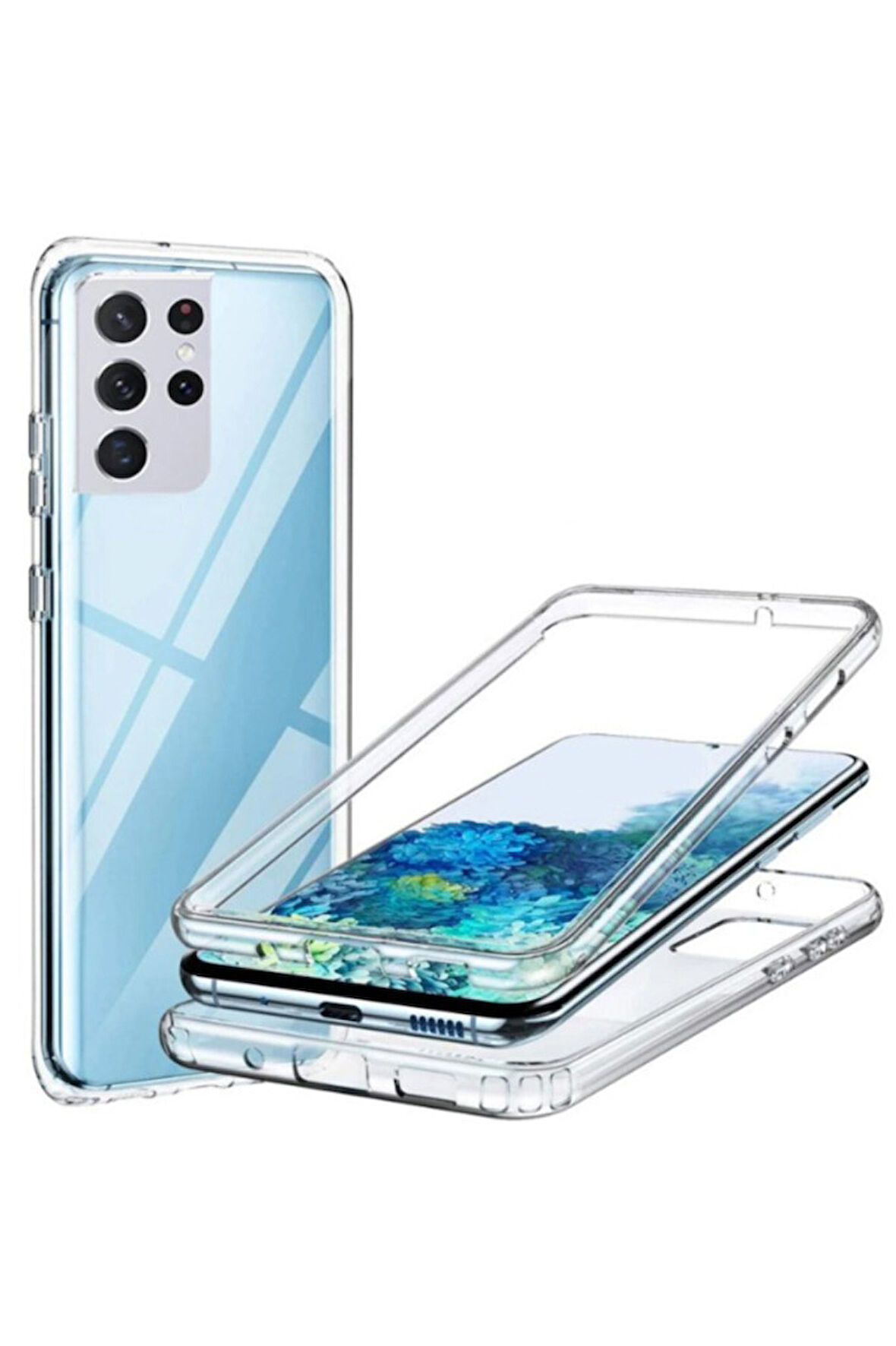 Samsung Galaxy S21 Ultra Snapdragon SM-G998U Uyumlu 360° Ön Arka Şeffaf Silikon Full Body Kılıf