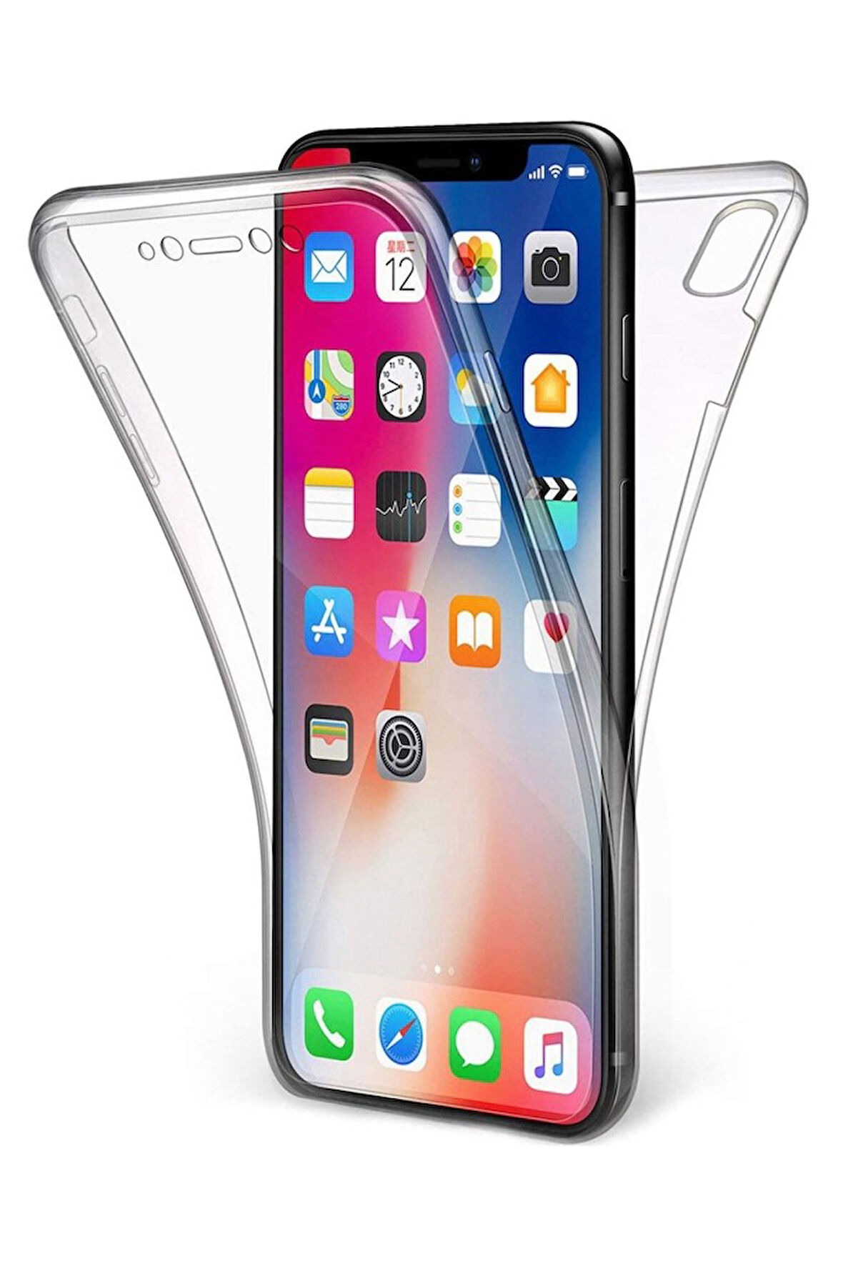 Apple iPhone X Uyumlu 360° Ön Arka Tam Koruyucu Şeffaf Silikon Full Body Kılıf